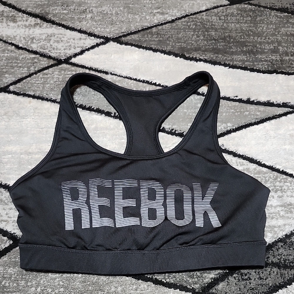 REEBOK CORE GRAPHIC BLACK LIGHTLY LINED REFLECTIVE LOGO SPORTS BRA